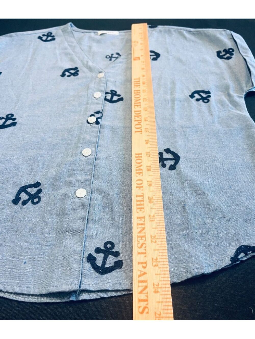 Kindred Chambray Anchor Embroidered Button Up Top L Coastal Grandmother Nautical - Picture 4 of 5